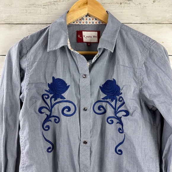 Retta WW Snap Button Shirt Womens Medium Blue‎ Floral Embroidered Western Rodeo - Picture 2 of 12